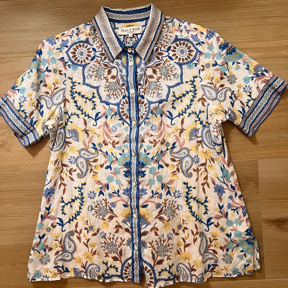 Hale Bob Blue Multi Floral Button-Front Short Sleeve Top